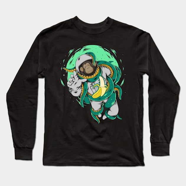 Space Monkey Astronaut Chasing Banana Long Sleeve T-Shirt by printjobz